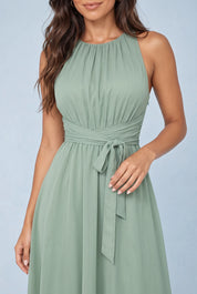 Robe vert menthe asymétrique sans manches | Vue rapprochée | Lounelle Paris
