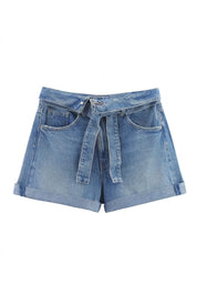 Short en jean bleu ceinture taille haute | Lounelle Paris