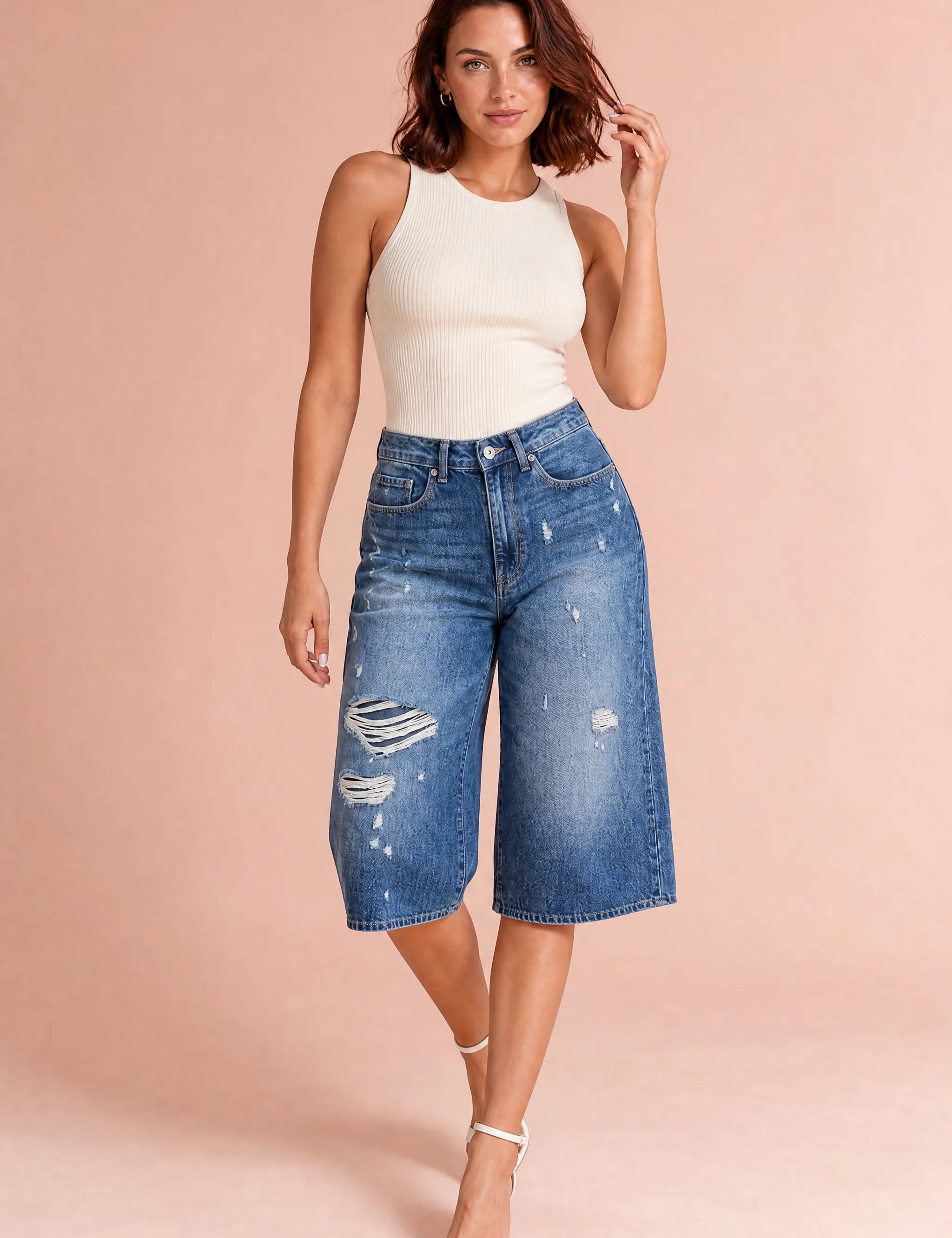 Short en jean large bleu délavé | Vue de face | Lounelle Paris