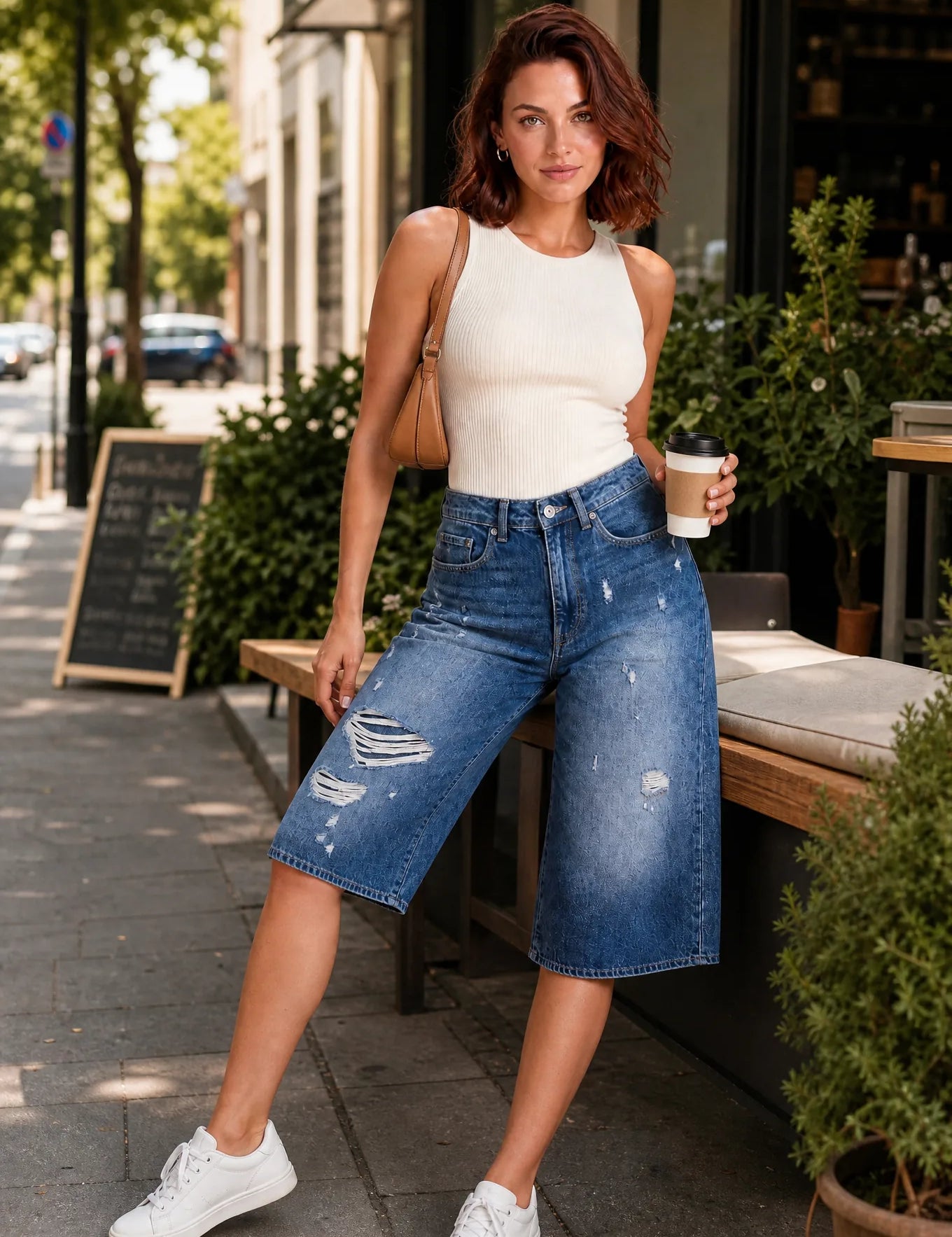 Short en jean large bleu délavé | Photo lifestyle | Lounelle Paris