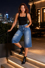 Short en jean large bleu délavé | Deuxième photo lifestyle | Lounelle Paris