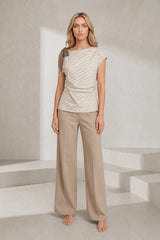 Top beige asymétrique épaule dénudée