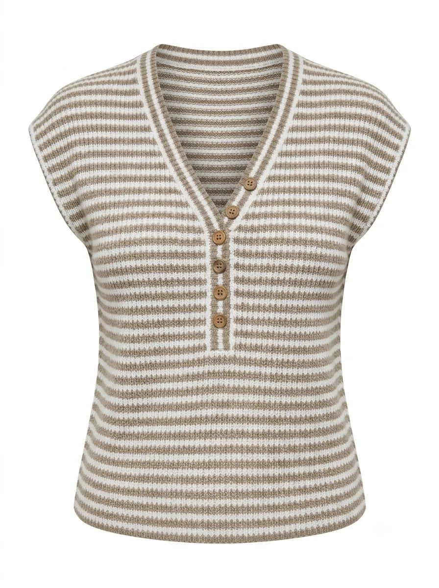 Top maille beige rayé col V | Lounelle Paris