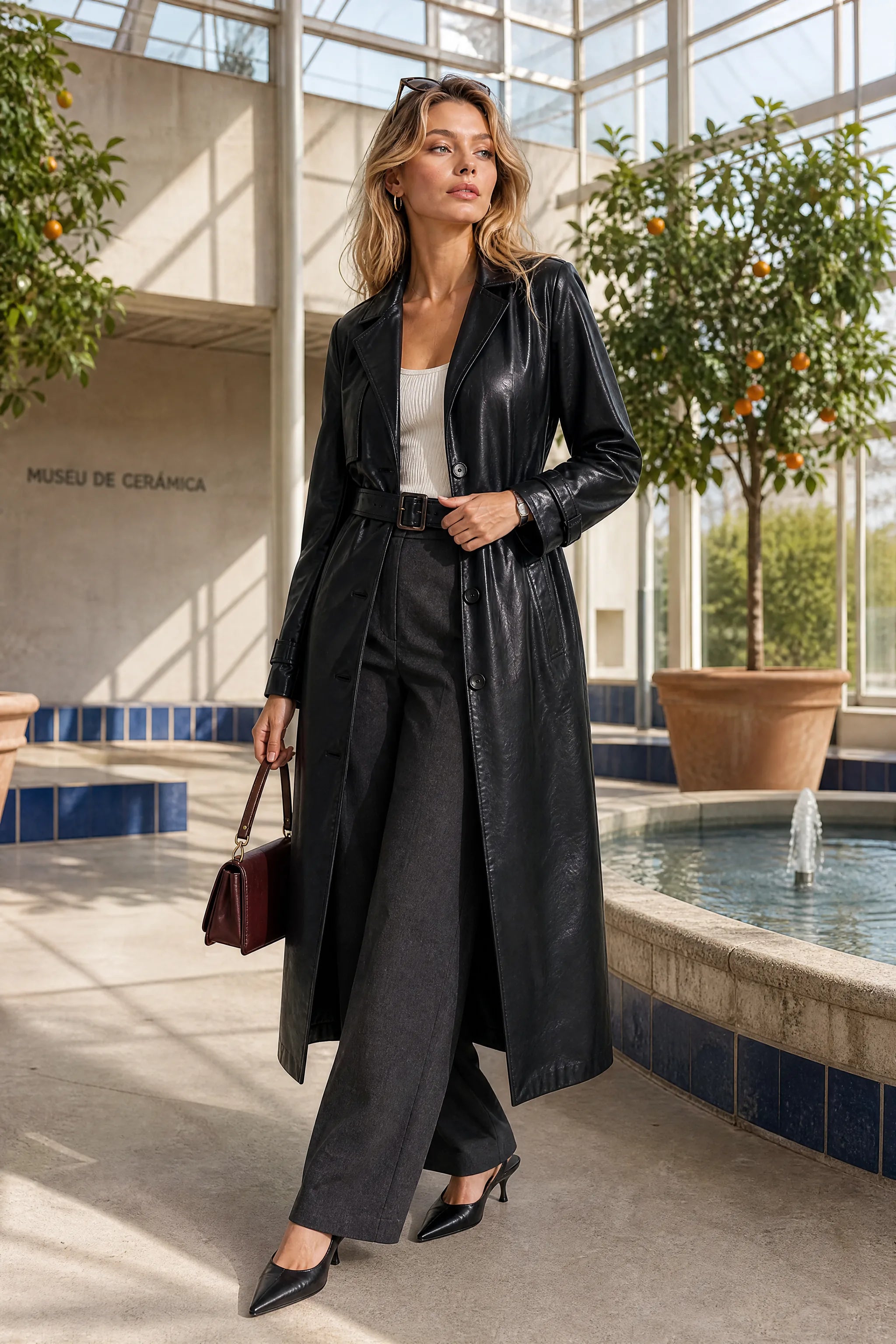 Trench long noir effet cuir | Photo lifestyle | Lounelle Paris