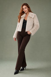 Veste beige effet fourrure col polo | Vue de face | Lounelle Paris