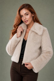 Veste beige effet fourrure col polo | Vue rapprochée | Lounelle Paris