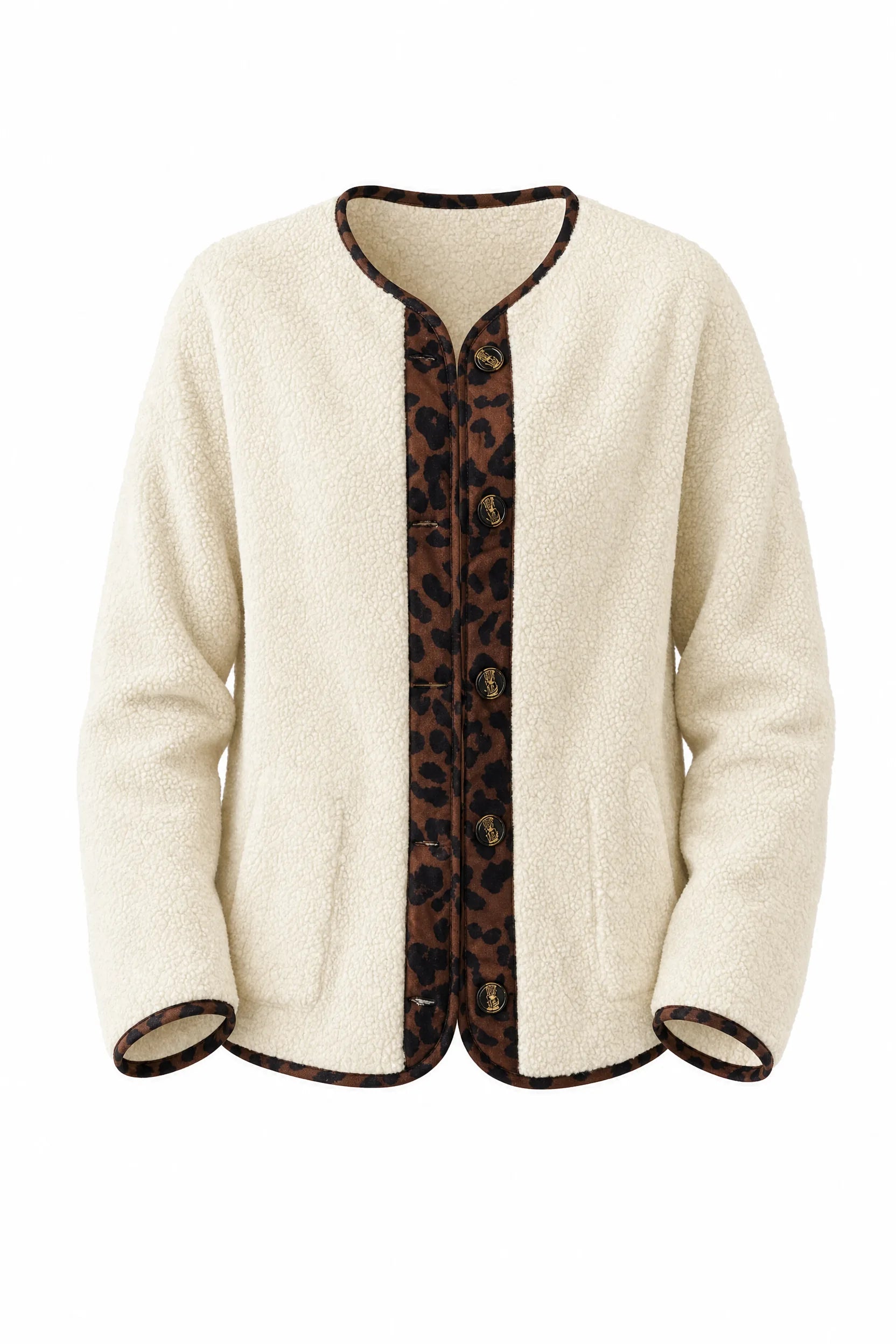Veste beige sherpa à bordures léopard | Lounelle Paris