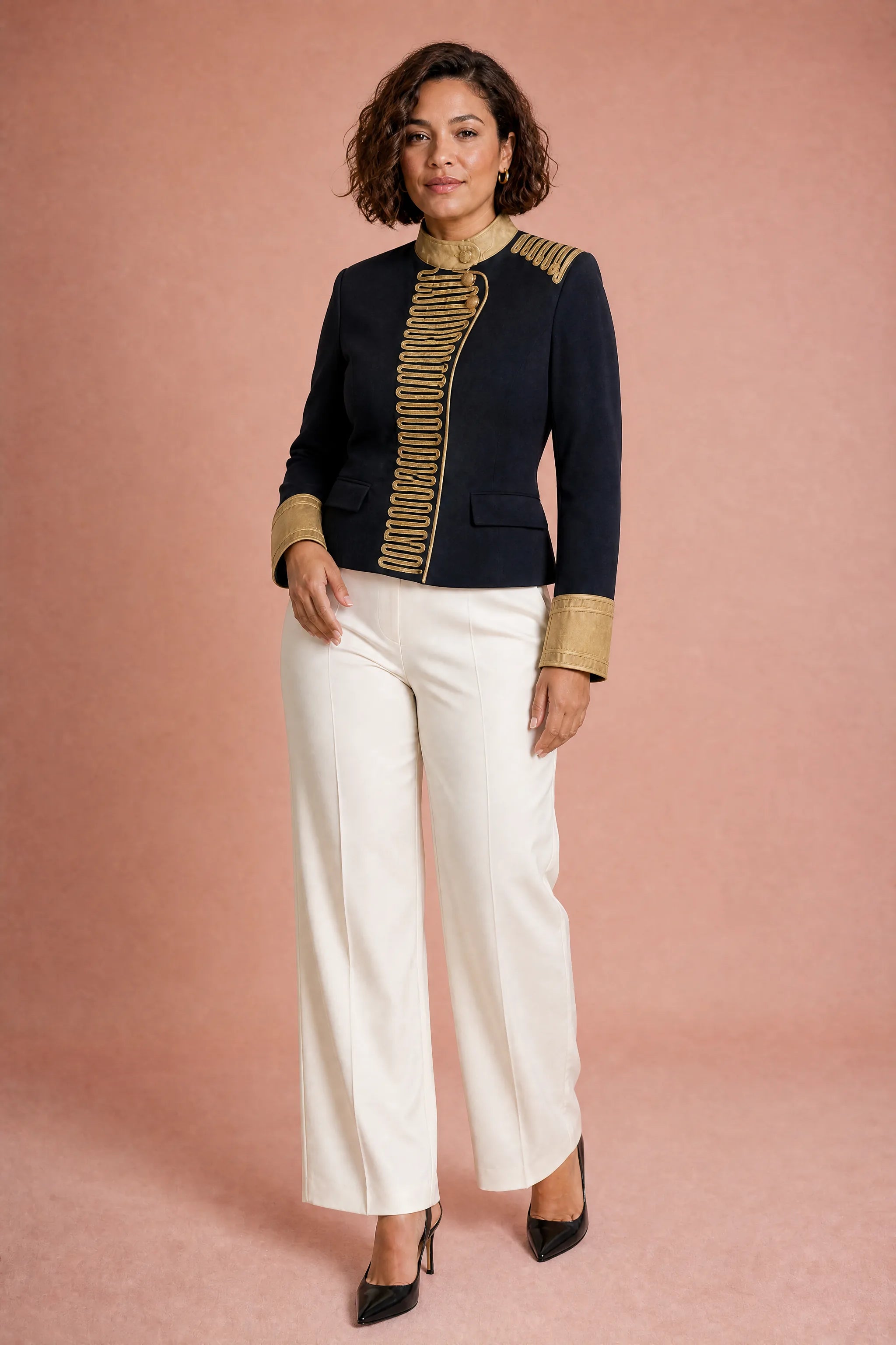 Veste bleu foncé broderies dorées | Porté sur une autre silhouette | Lounelle Paris