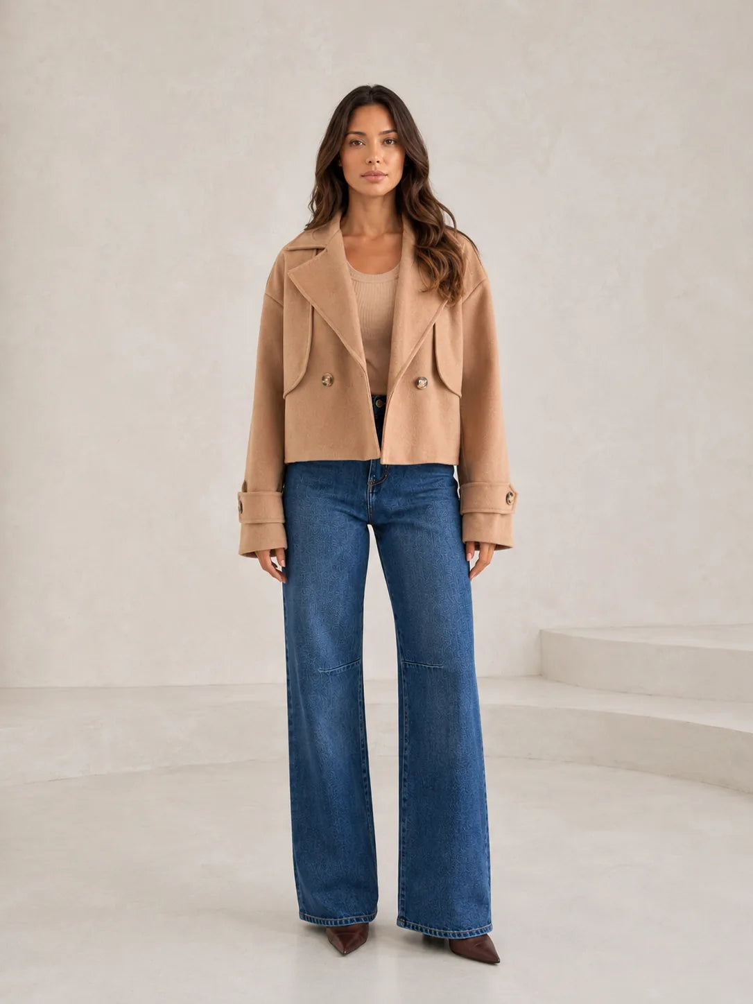 Veste courte marron ample à revers | Lounelle Paris