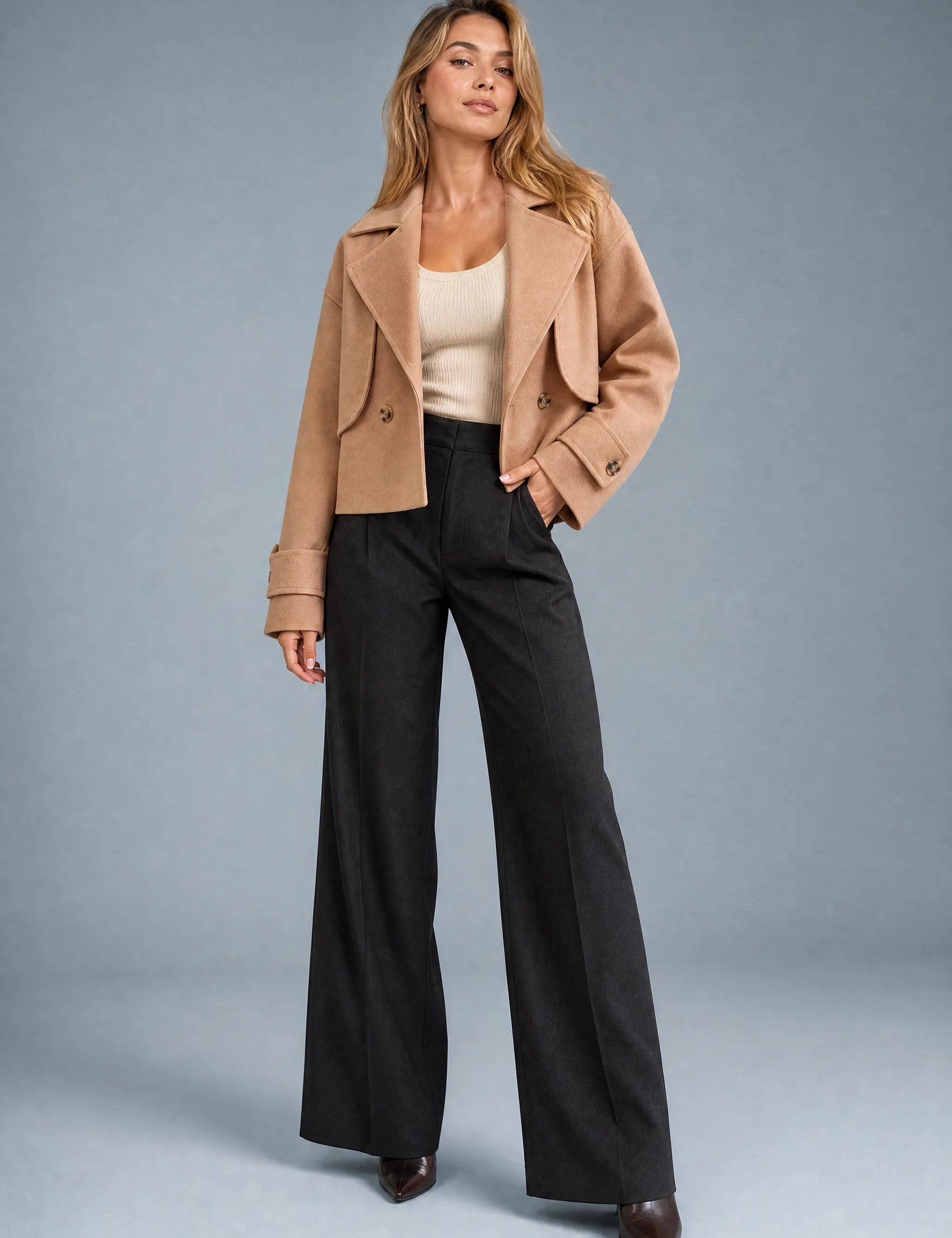 Veste courte marron ample à revers | Vue de face | Lounelle Paris