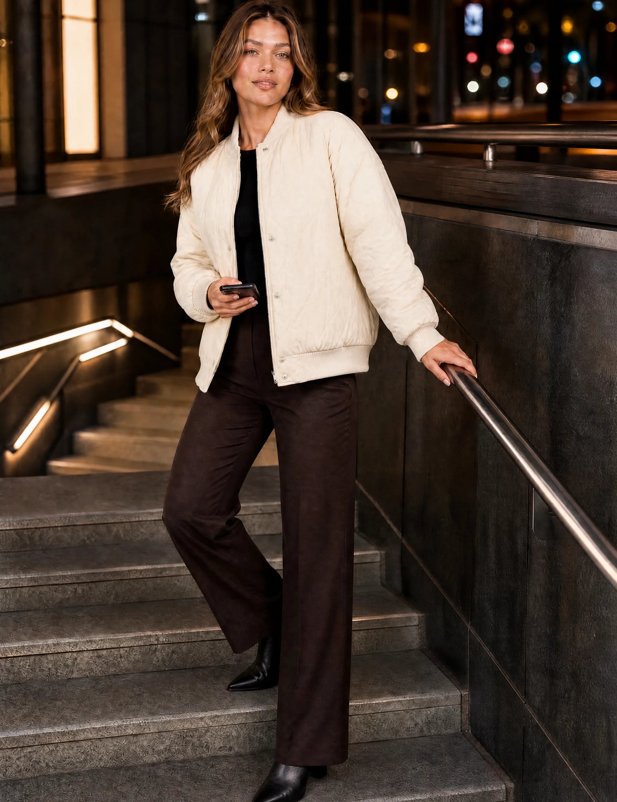 Veste matelassée ample col montant | Variante Beige - Lifestyle | Lounelle Paris