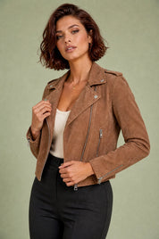 Veste motarde suéde zip asymétrique | Vue rapprochée | Lounelle Paris