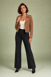 Veste motarde suéde zip asymétrique | Variante Camel | Lounelle Paris