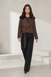Veste suédine café col fourrure | Lounelle Paris