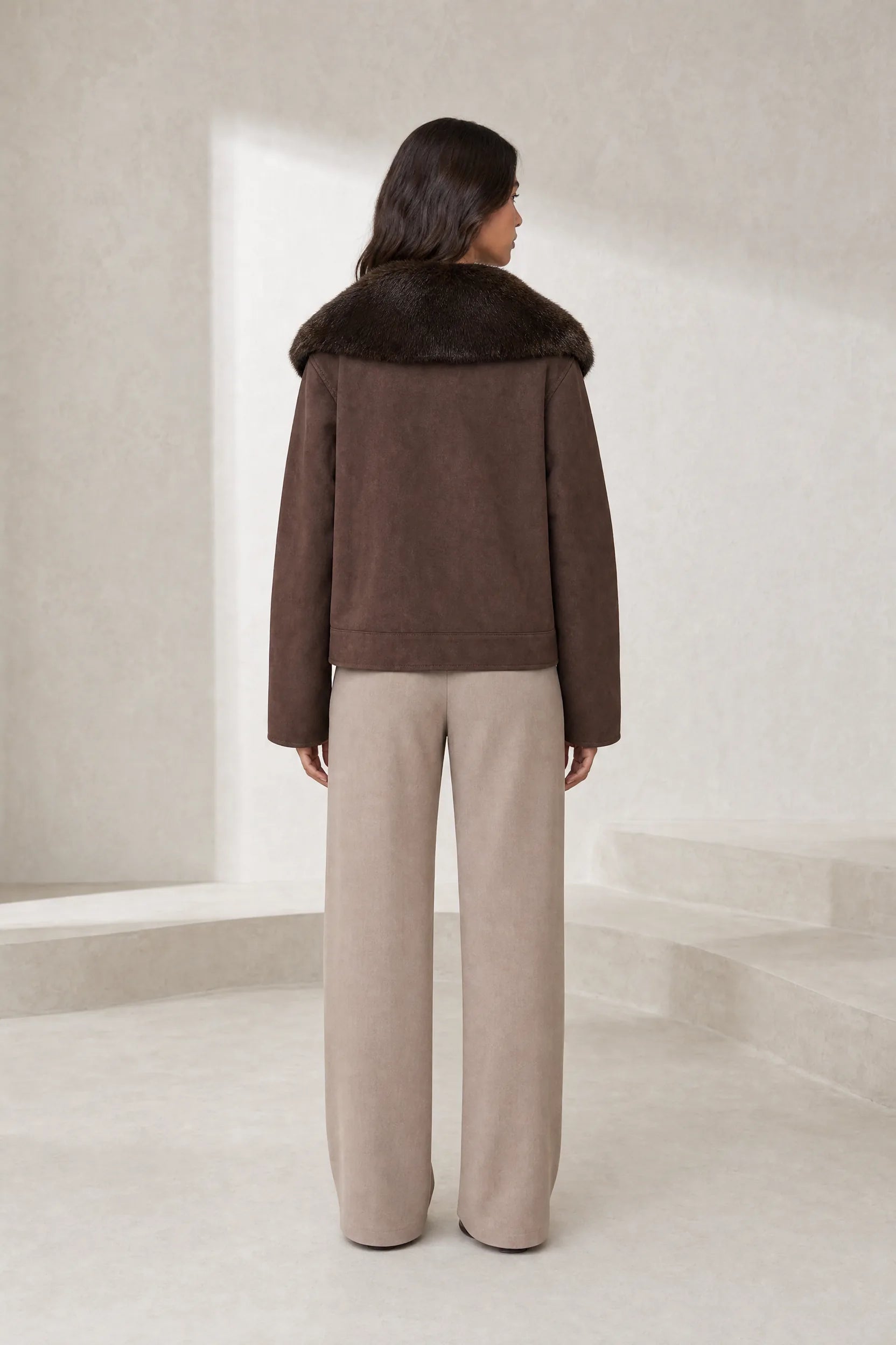Veste suédine café col fourrure | Lounelle Paris