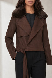 Veste suédine café col fourrure | Lounelle Paris